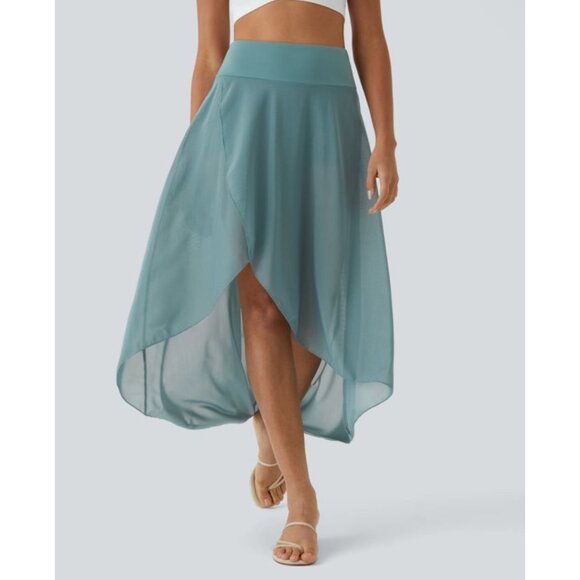 Halara High Waisted High Low Ruffle 2-in-1 Pocket Flare Mesh Maxi Skirt Sz XL Bl - Picture 11 of 11